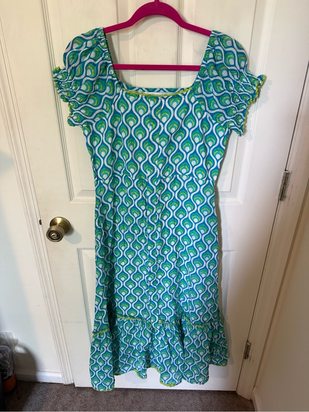 Square-Neck Teal & Green Patterned Midi Dress